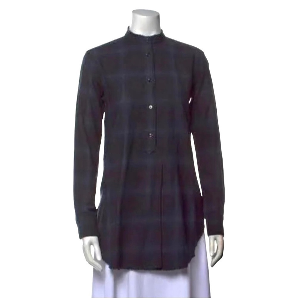 Helmut Lang Wool Flannel Plaid Mandarin Collar Tunic Shirt with Cashmere Size XS